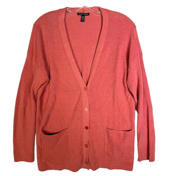 Eileen Fisher Sweaters - Eileen Fisher Organic Linen Button Cardigan Sweater Coral Pink